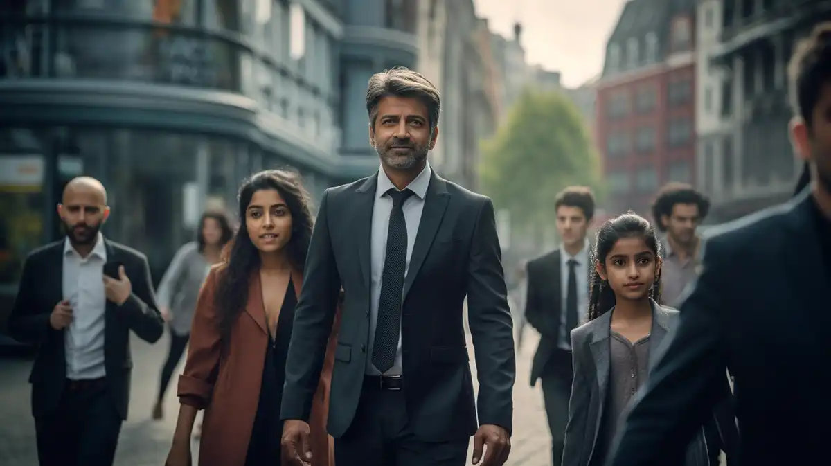 Indian family walking in a street in Germany